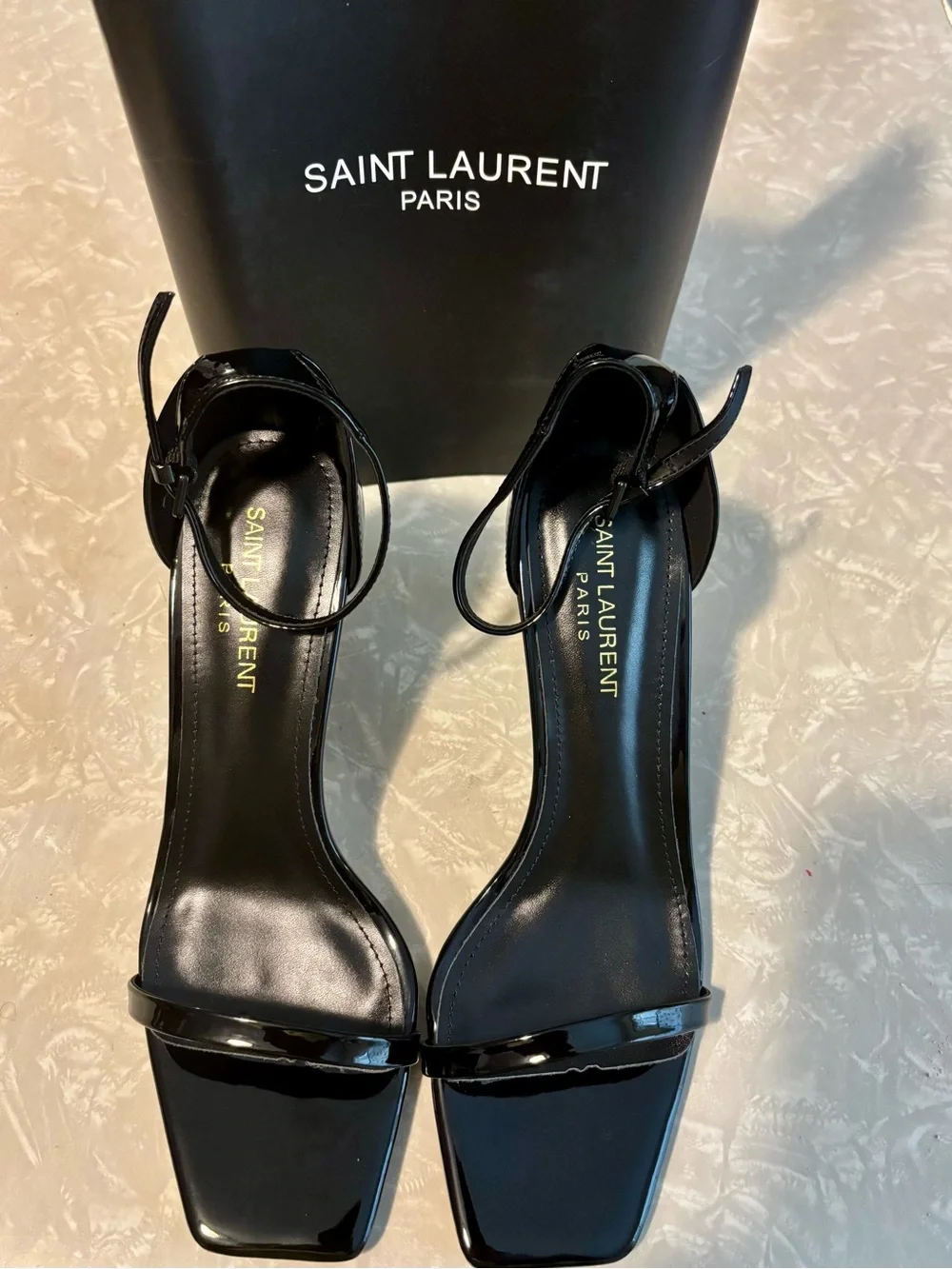 Saint Laurent Black Patent Leather Ankle-Strap Heels with Gold-Tone Logo Heel - Picture 3 of 4